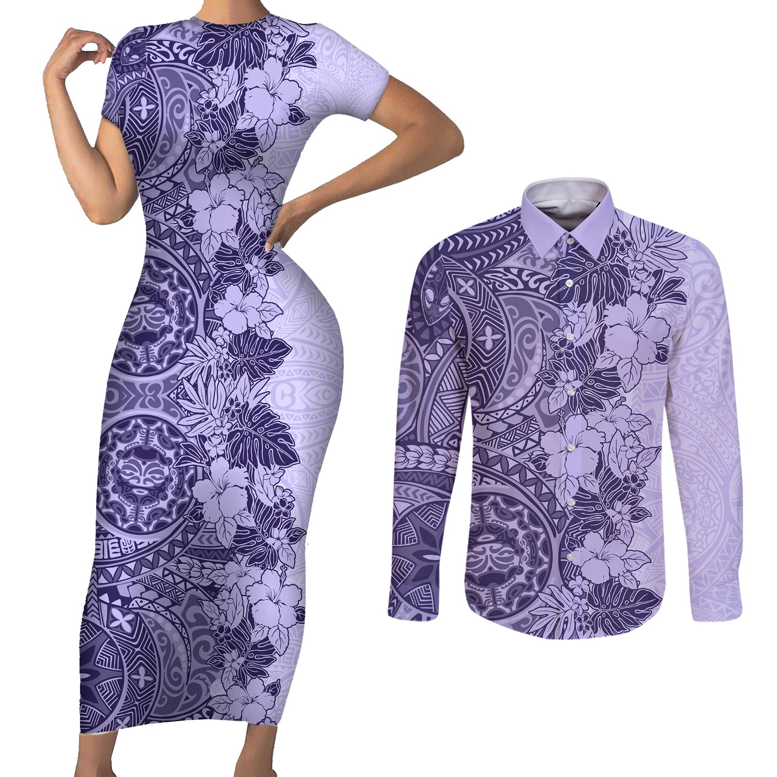 Polynesia Couples Matching Short Sleeve Bodycon Dress and Long Sleeve Button Shirt Hibiscus and Hawaiian Tribal Tattoo Retro Style Violet Color LT9 Violet - Polynesian Pride