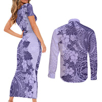Polynesia Couples Matching Short Sleeve Bodycon Dress and Long Sleeve Button Shirt Hibiscus and Hawaiian Tribal Tattoo Retro Style Violet Color LT9 - Polynesian Pride