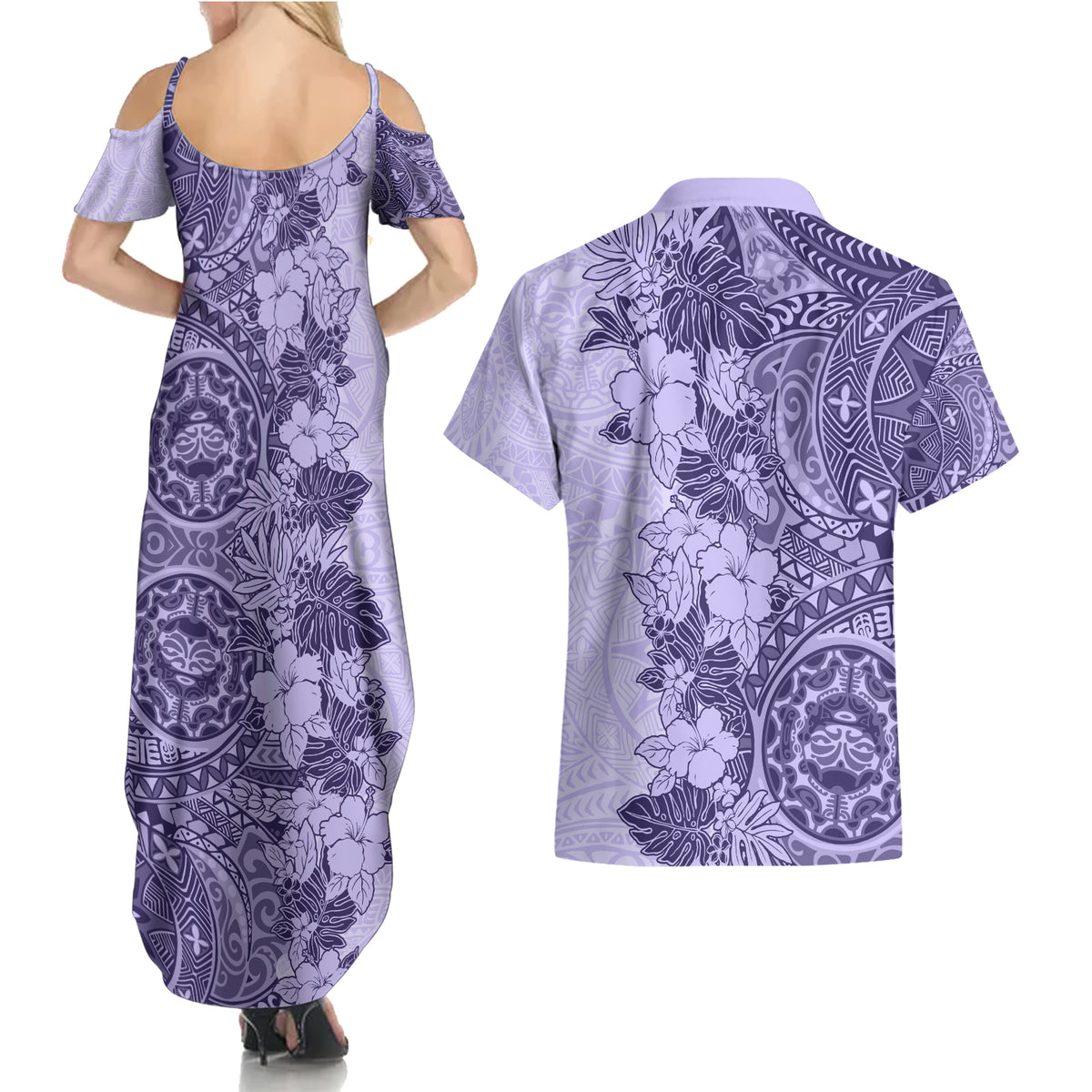 Polynesia Couples Matching Summer Maxi Dress and Hawaiian Shirt Hibiscus and Hawaiian Tribal Tattoo Retro Style Violet Color LT9 - Polynesian Pride