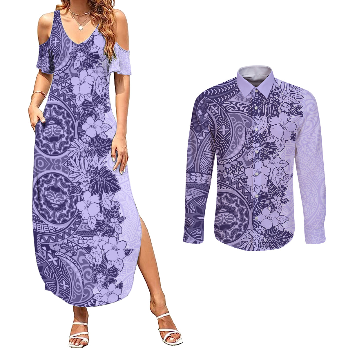 Polynesia Couples Matching Summer Maxi Dress and Long Sleeve Button Shirt Hibiscus and Hawaiian Tribal Tattoo Retro Style Violet Color LT9 Violet - Polynesian Pride