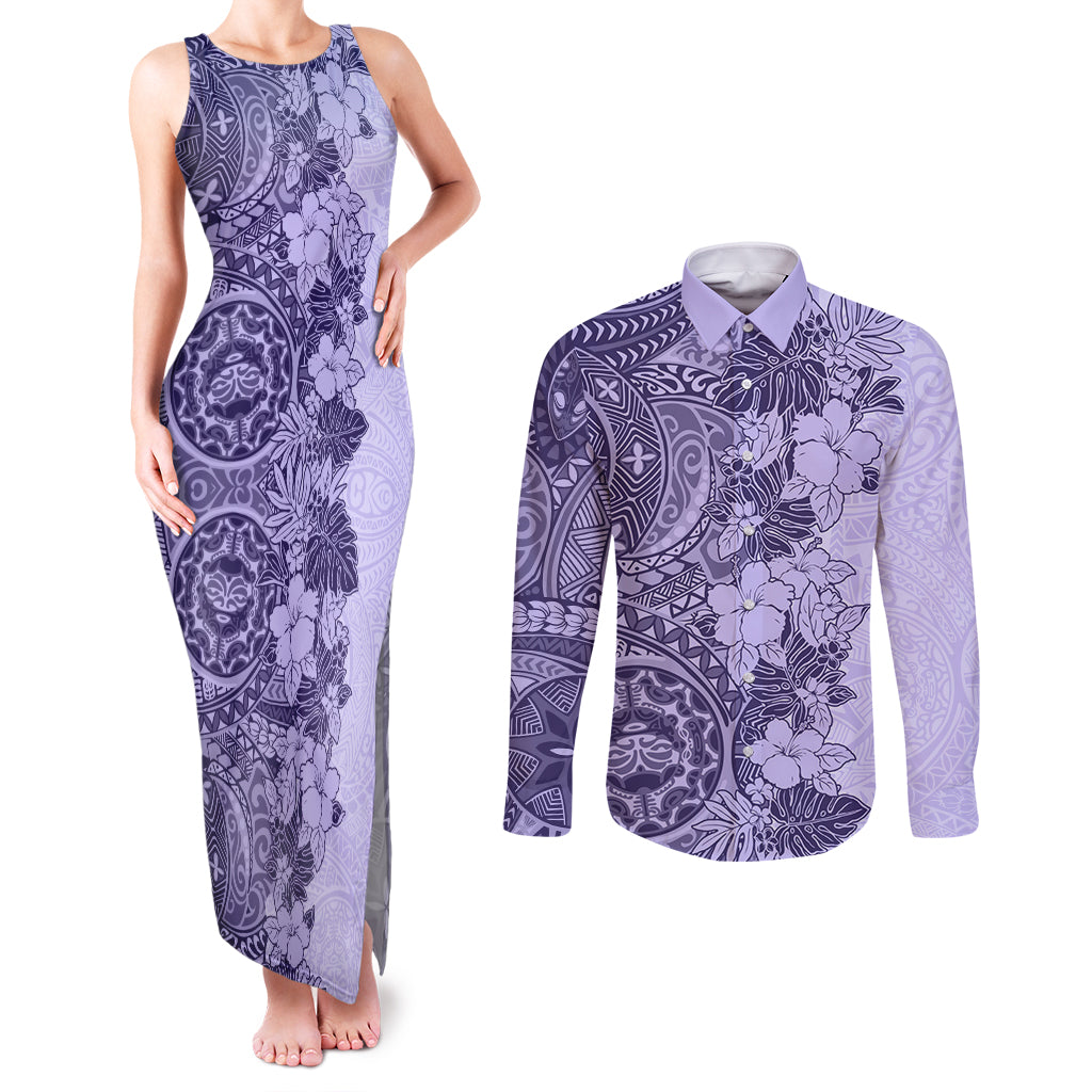 Polynesia Couples Matching Tank Maxi Dress and Long Sleeve Button Shirt Hibiscus and Hawaiian Tribal Tattoo Retro Style Violet Color LT9 Violet - Polynesian Pride