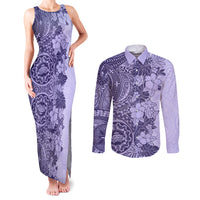 Polynesia Couples Matching Tank Maxi Dress and Long Sleeve Button Shirt Hibiscus and Hawaiian Tribal Tattoo Retro Style Violet Color LT9 Violet - Polynesian Pride