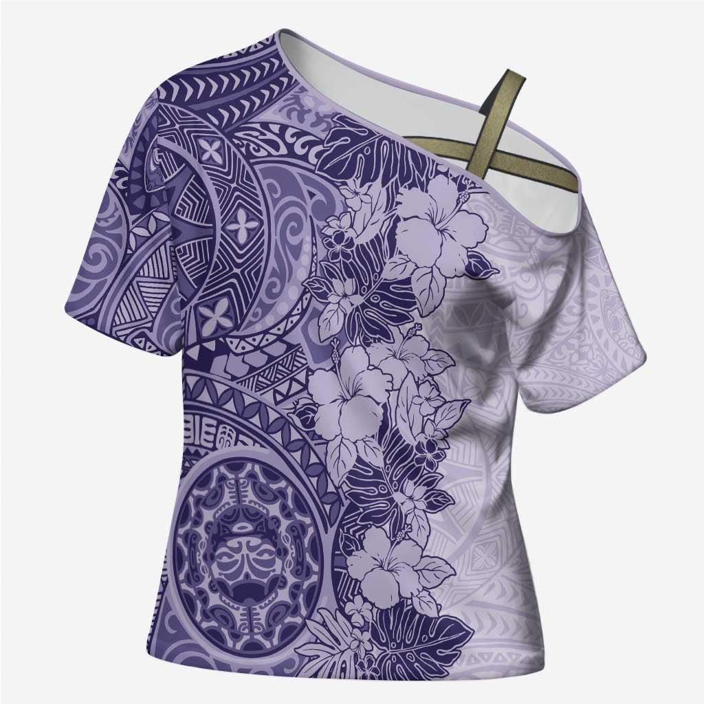 Polynesia Cross Shoulder Shirt Hibiscus Hawaiian Tribal Tattoo Retro Violet - Polynesian Pride