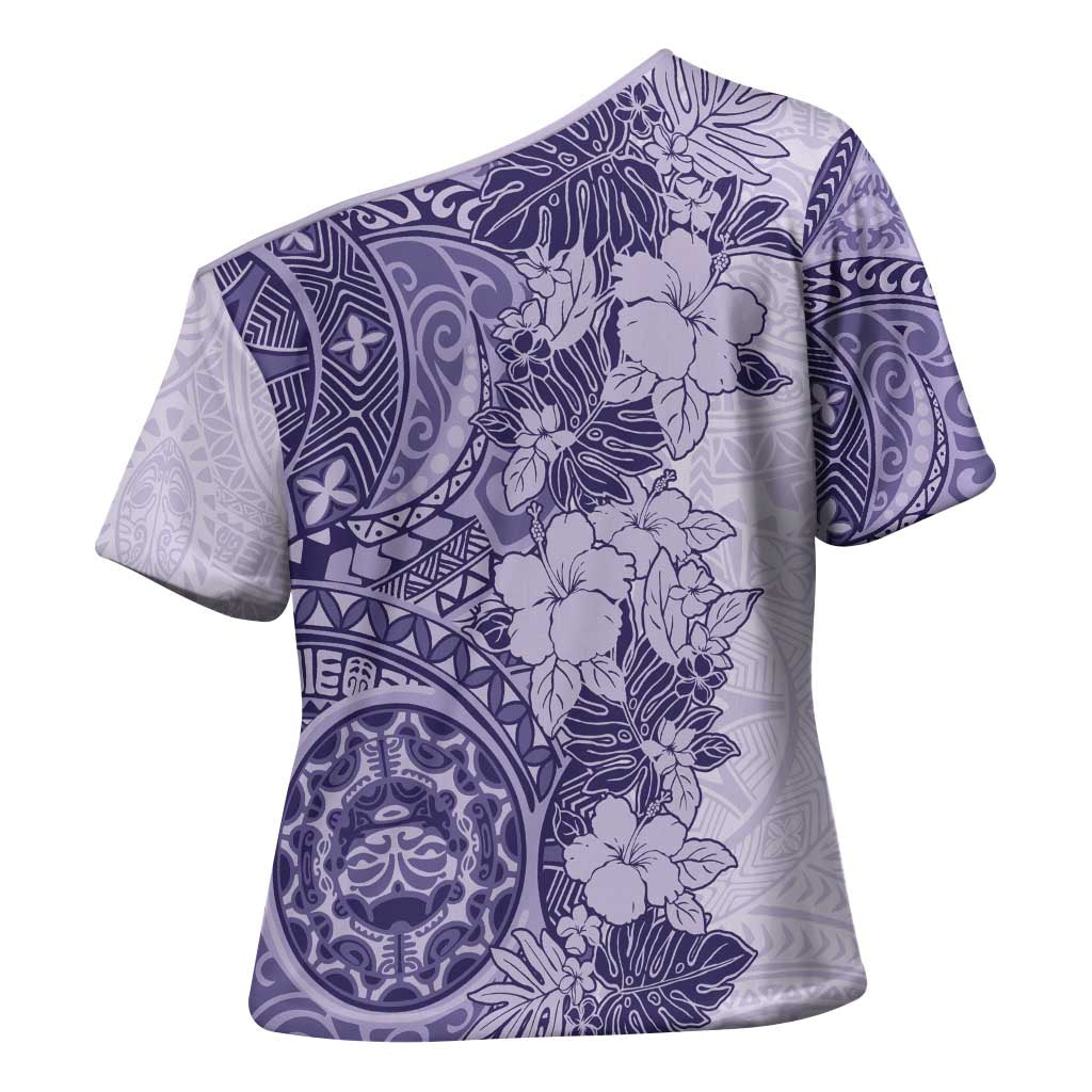 Polynesia Cross Shoulder Shirt Hibiscus Hawaiian Tribal Tattoo Retro Violet - Polynesian Pride