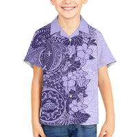 Polynesia Family Matching Off Shoulder Maxi Dress and Hawaiian Shirt Hibiscus and Hawaiian Tribal Tattoo Retro Style Violet Color LT9 Son's Shirt Violet - Polynesian Pride