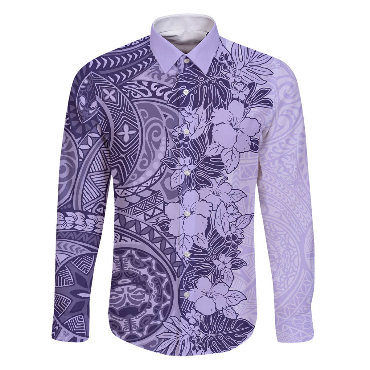 Polynesia Family Matching Puletasi Dress and Hawaiian Shirt Hibiscus and Hawaiian Tribal Tattoo Retro Style Violet Color LT9 Dad's Shirt - Long Sleeve Violet - Polynesian Pride