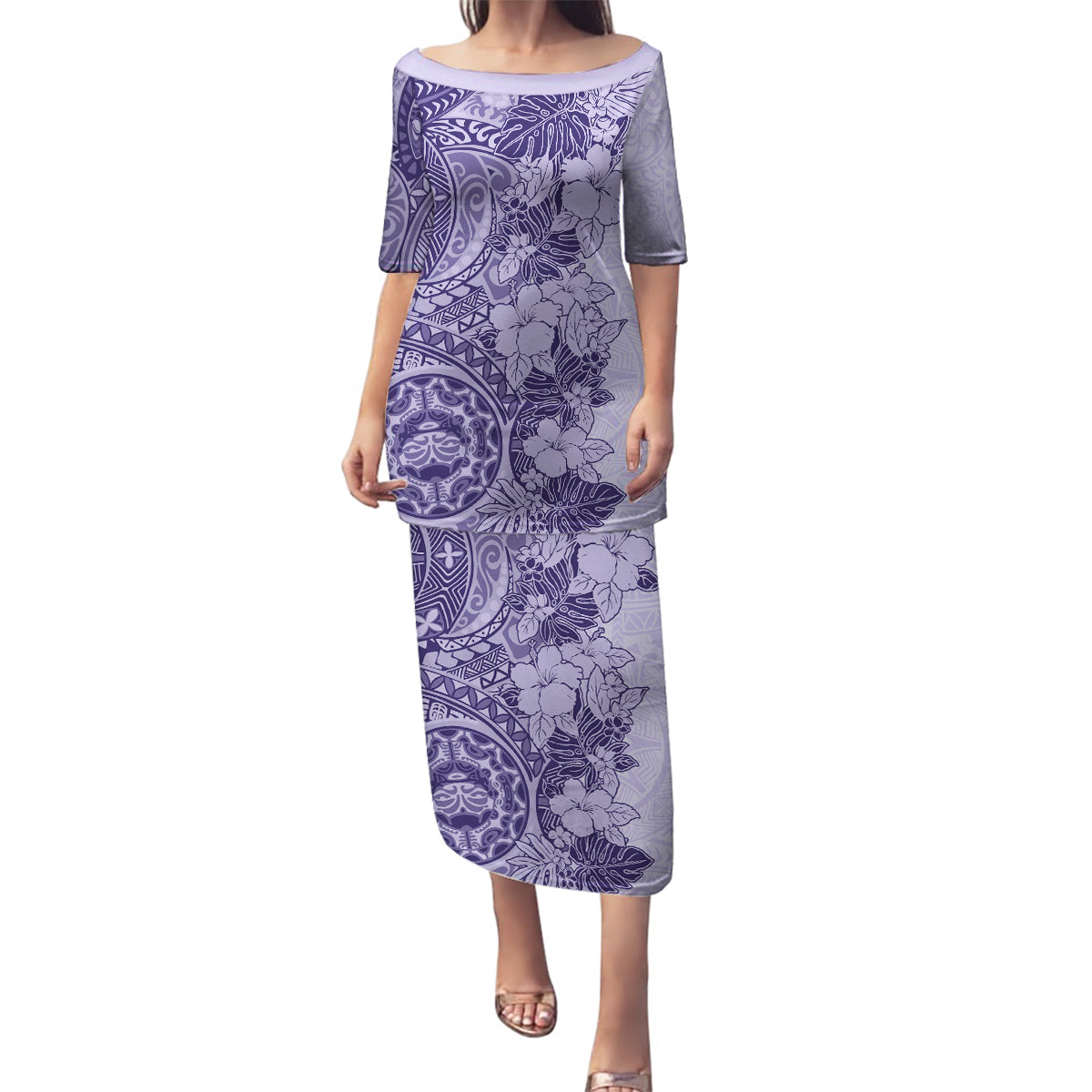 Polynesia Family Matching Puletasi Dress and Hawaiian Shirt Hibiscus and Hawaiian Tribal Tattoo Retro Style Violet Color LT9 Mom's Dress Violet - Polynesian Pride