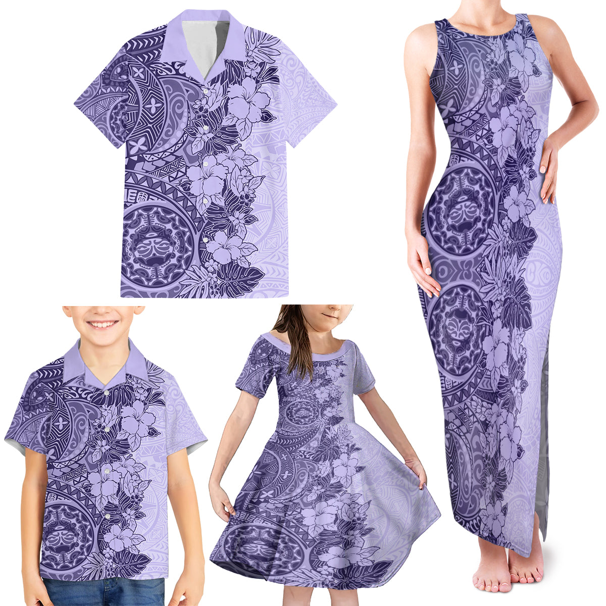 Polynesia Family Matching Tank Maxi Dress and Hawaiian Shirt Hibiscus and Hawaiian Tribal Tattoo Retro Style Violet Color LT9 - Polynesian Pride