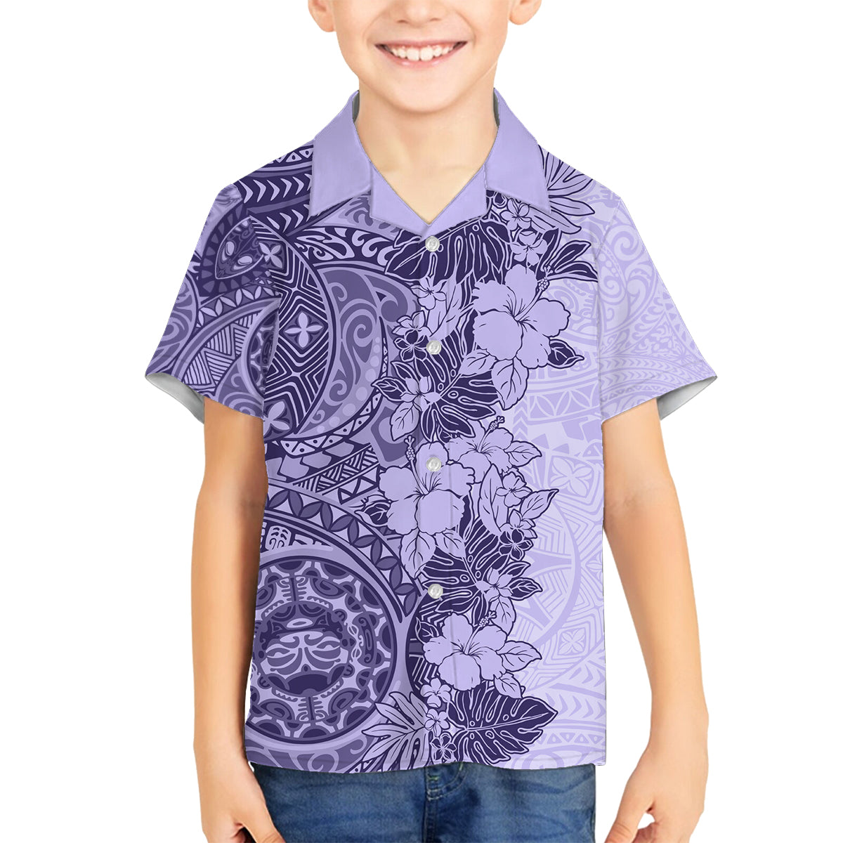 Polynesia Family Matching Tank Maxi Dress and Hawaiian Shirt Hibiscus and Hawaiian Tribal Tattoo Retro Style Violet Color LT9 Son's Shirt Violet - Polynesian Pride