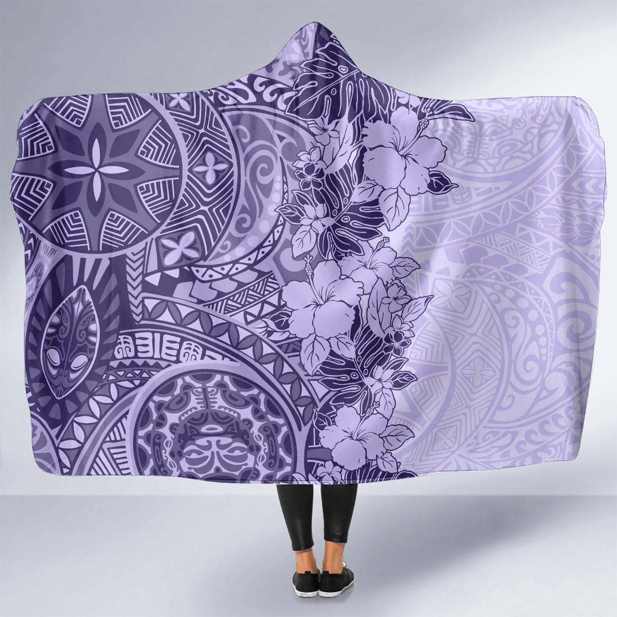 Polynesia Hooded Blanket Hibiscus and Hawaiian Tribal Tattoo Retro Style Violet Color LT9 - Polynesian Pride