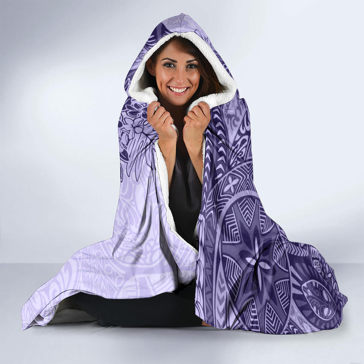 Polynesia Hooded Blanket Hibiscus and Hawaiian Tribal Tattoo Retro Style Violet Color LT9 - Polynesian Pride