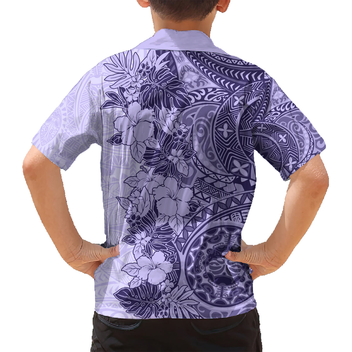 Polynesia Kid Hawaiian Shirt Hibiscus and Hawaiian Tribal Tattoo Retro Style Violet Color LT9 - Polynesian Pride
