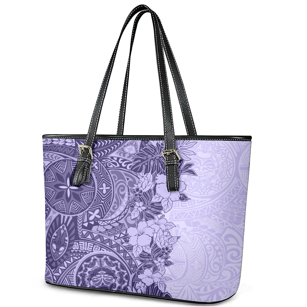 Polynesia Leather Tote Bag Hibiscus and Hawaiian Tribal Tattoo Retro Style Violet Color LT9 - Polynesian Pride