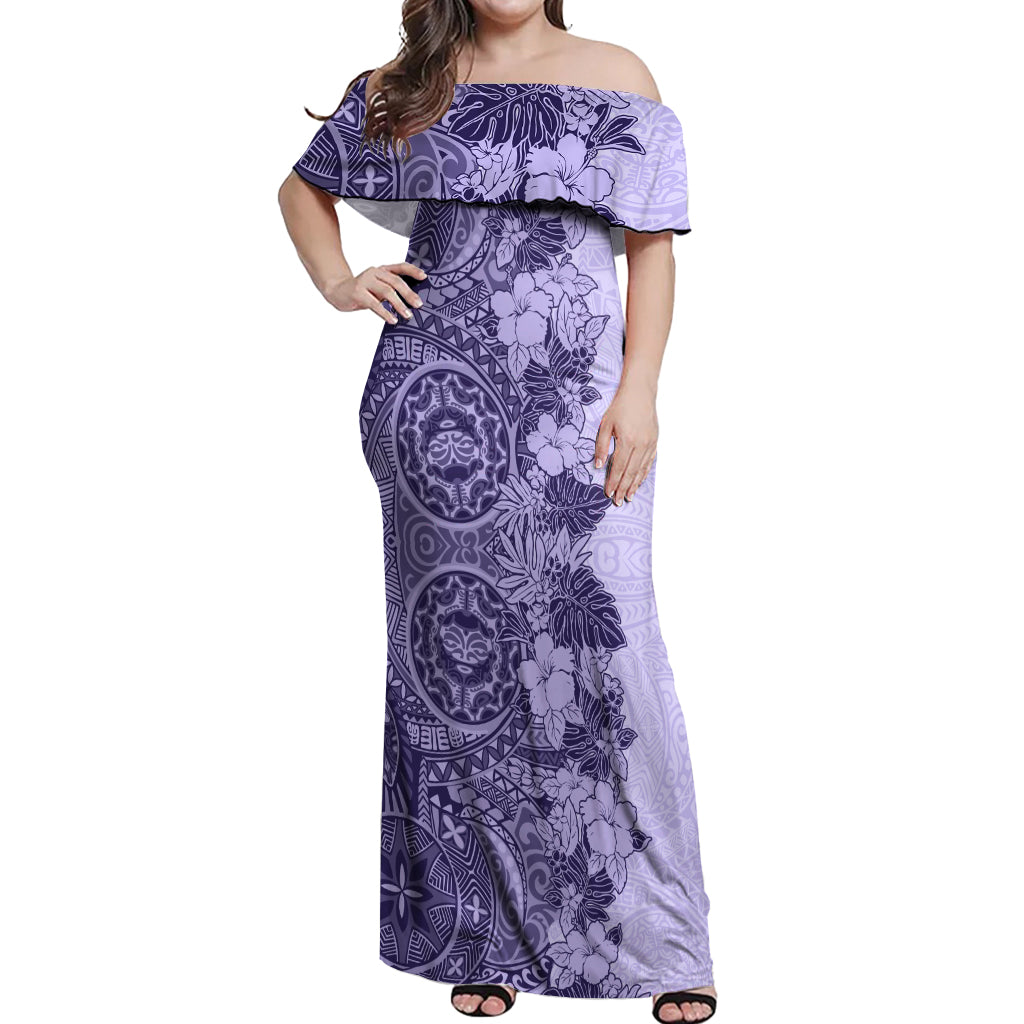 Polynesia Off Shoulder Maxi Dress Hibiscus and Hawaiian Tribal Tattoo Retro Style Violet Color LT9 Women Violet - Polynesian Pride