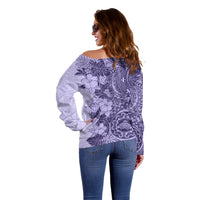 Polynesia Off Shoulder Sweater Hibiscus and Hawaiian Tribal Tattoo Retro Style Violet Color LT9 - Polynesian Pride