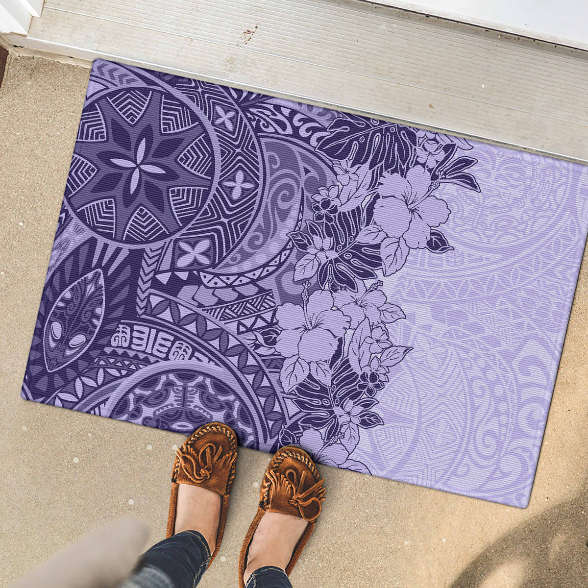 Polynesia Rubber Doormat Hibiscus and Hawaiian Tribal Tattoo Retro Style Violet Color LT9 - Polynesian Pride