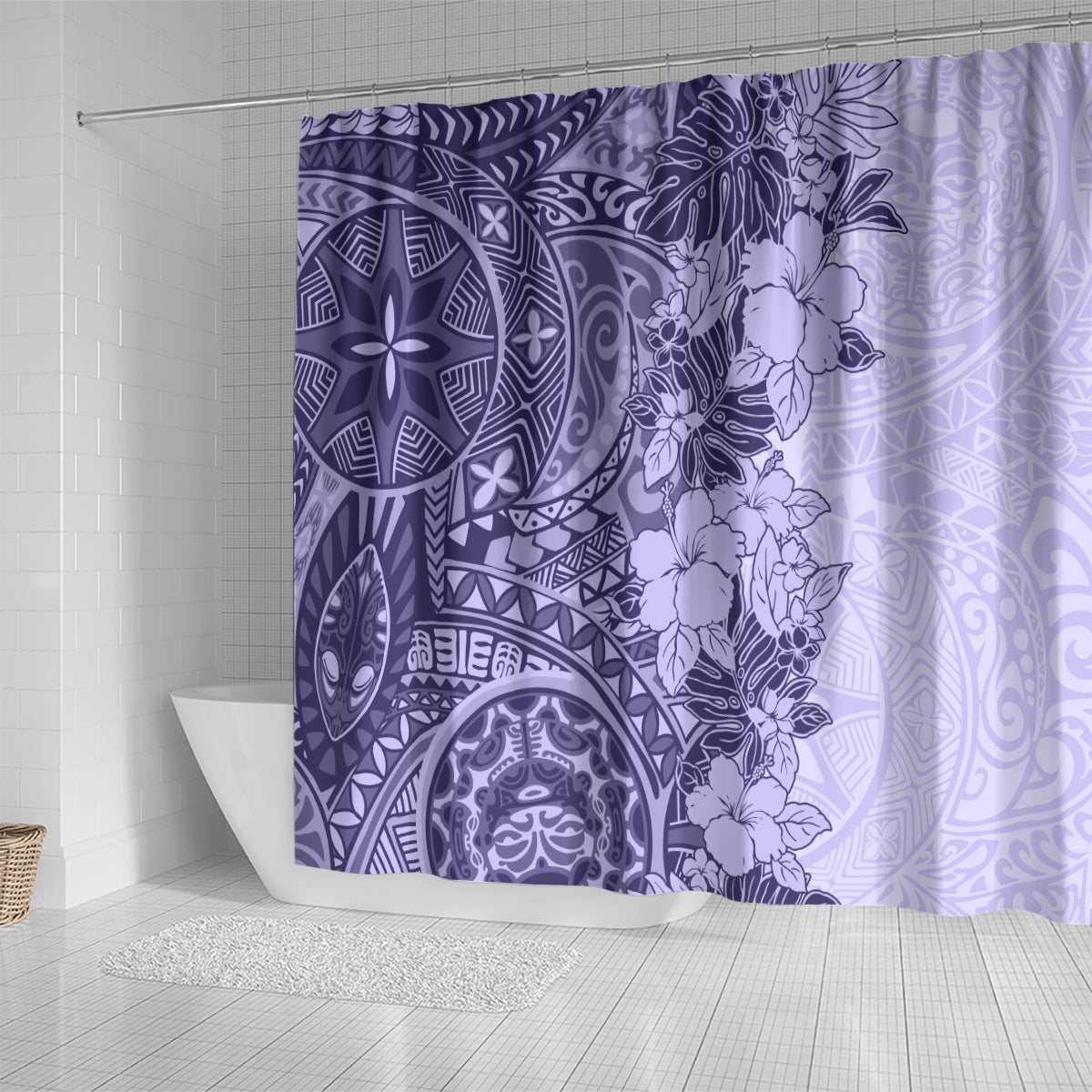 Polynesia Shower Curtain Hibiscus and Hawaiian Tribal Tattoo Retro Style Violet Color LT9 - Polynesian Pride