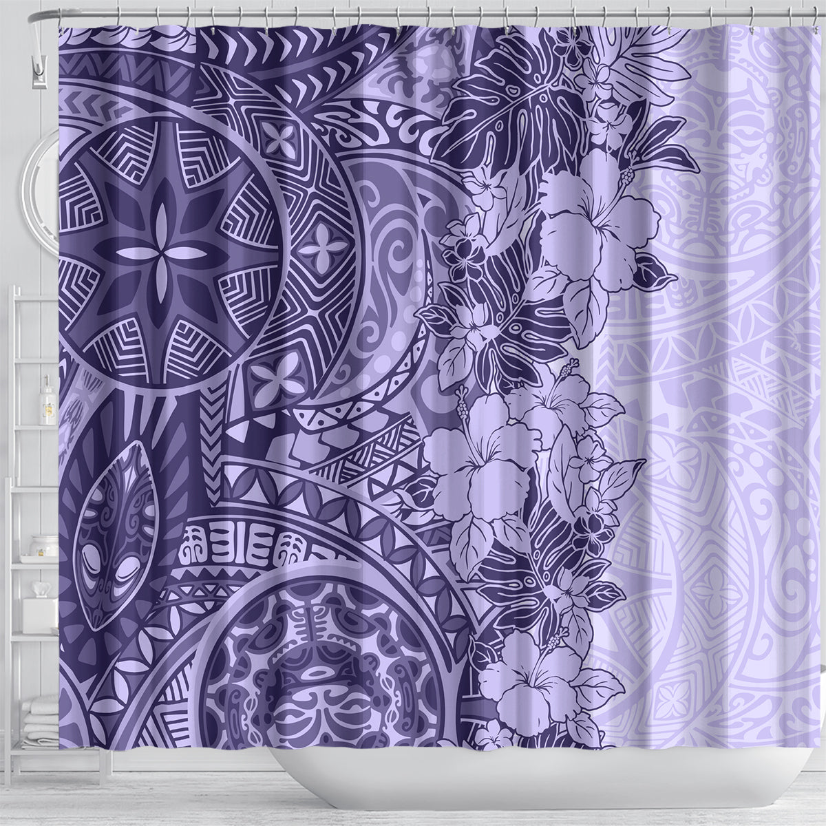 Polynesia Shower Curtain Hibiscus and Hawaiian Tribal Tattoo Retro Style Violet Color LT9 - Polynesian Pride