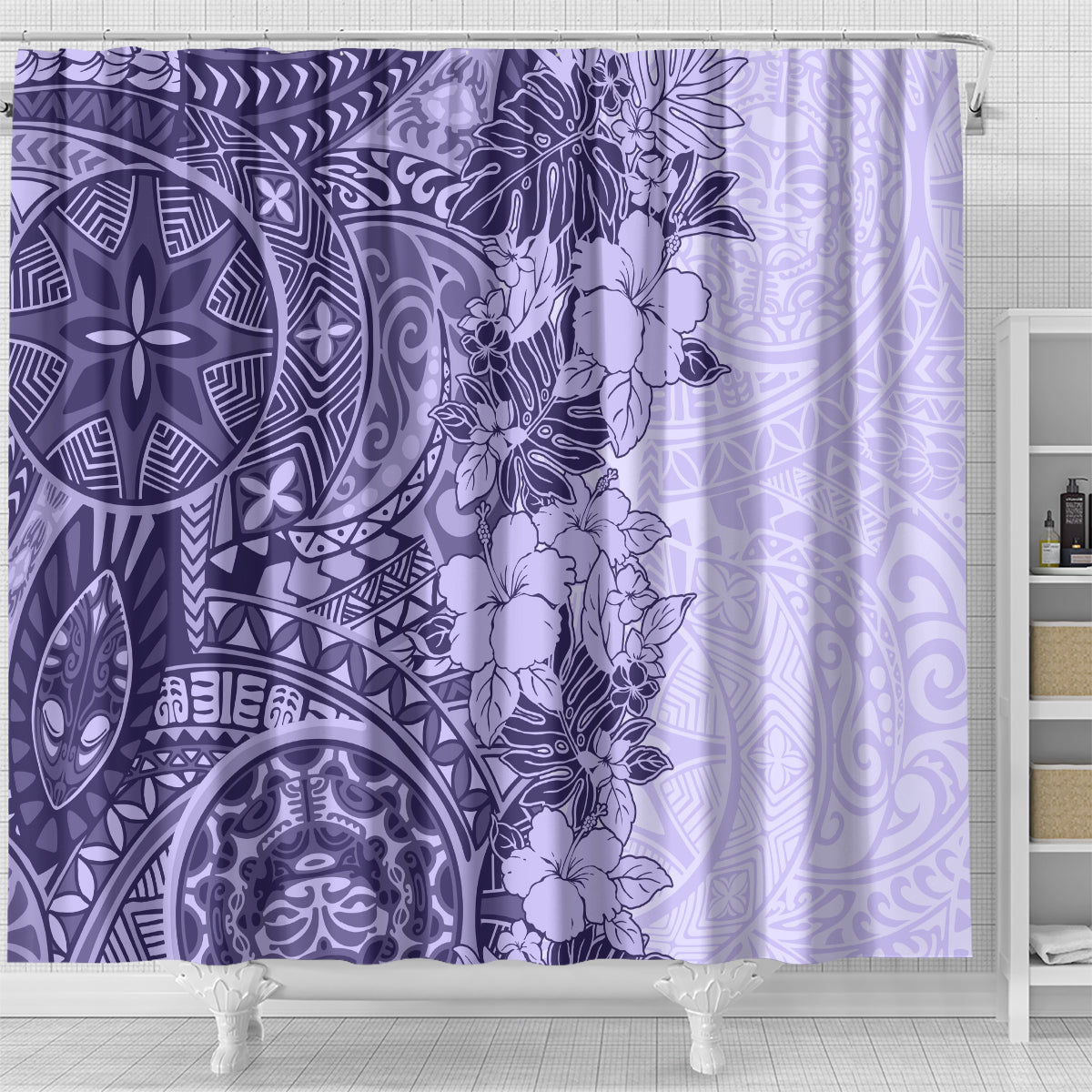 Polynesia Shower Curtain Hibiscus and Hawaiian Tribal Tattoo Retro Style Violet Color LT9 - Polynesian Pride