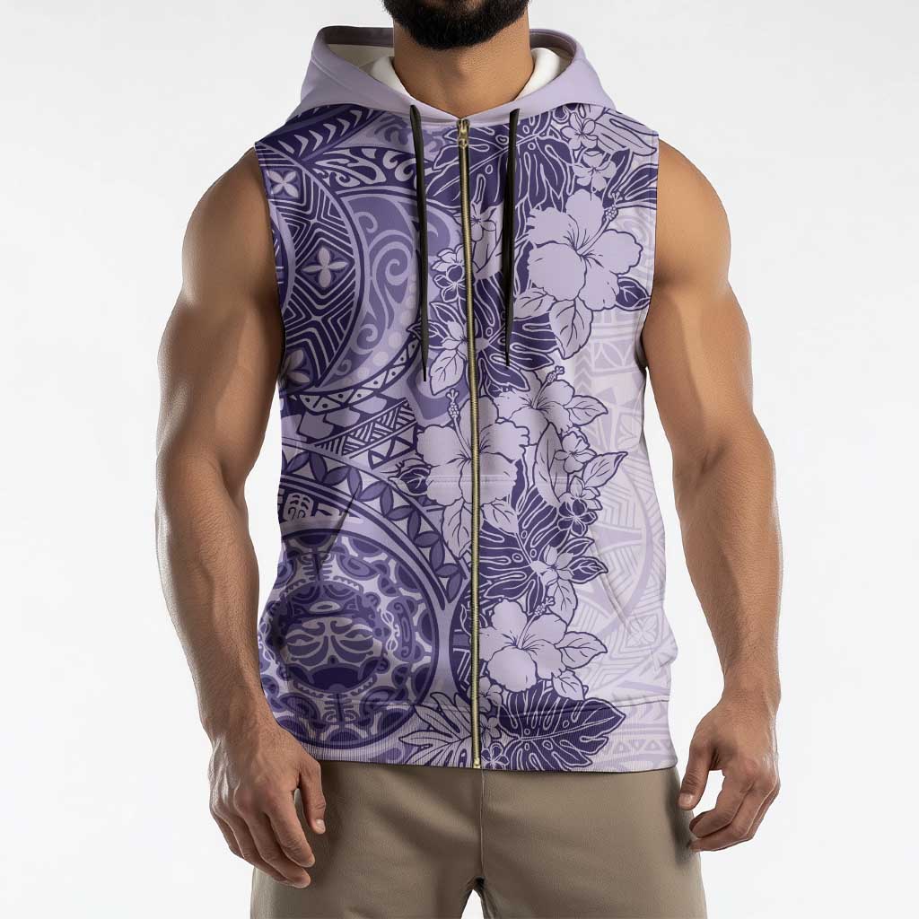 Polynesia Sleeveless Zip Hoodie Hibiscus Hawaiian Tribal Tattoo Retro Violet - Polynesian Pride