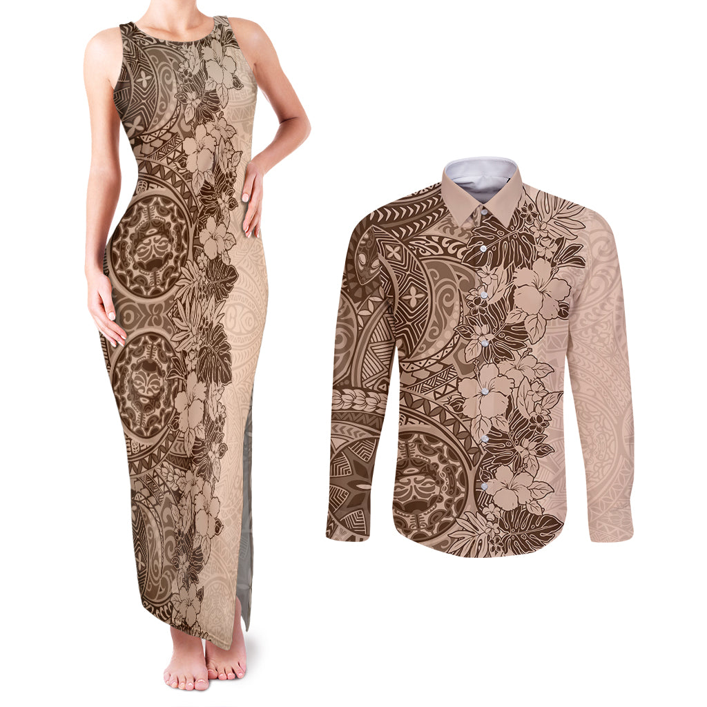 Polynesia Couples Matching Tank Maxi Dress and Long Sleeve Button Shirt Hibiscus and Hawaiian Tribal Tattoo Retro Style Pink Pastel LT9 Pink Pastel - Polynesian Pride