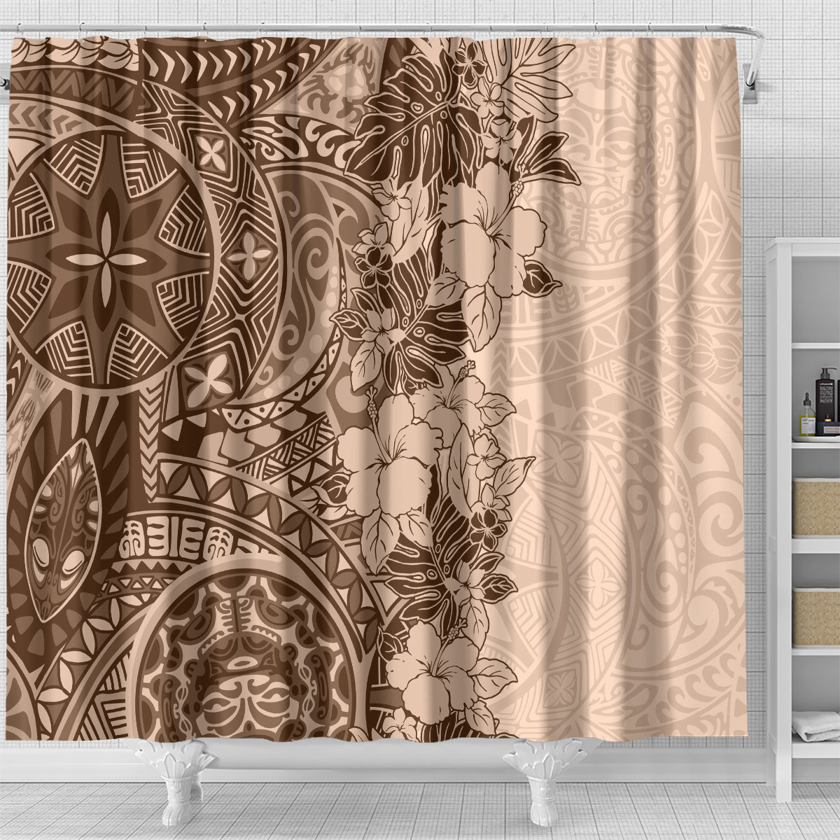 Polynesia Shower Curtain Hibiscus and Hawaiian Tribal Tattoo Retro Style Pink Pastel LT9 - Polynesian Pride