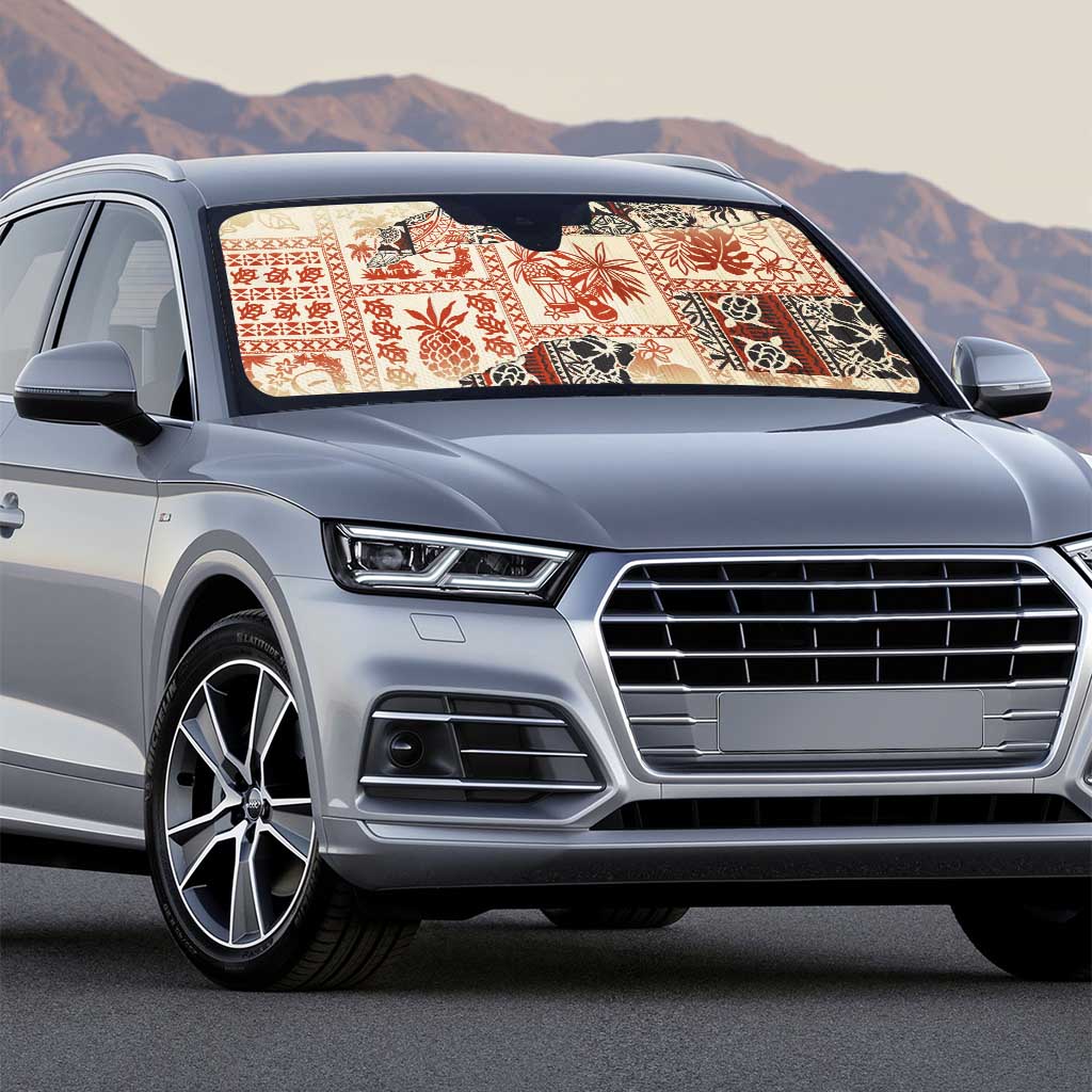 Hawaii Beige Version Auto Sun Shade Aloha Tribal Pattern - Polynesian Pride