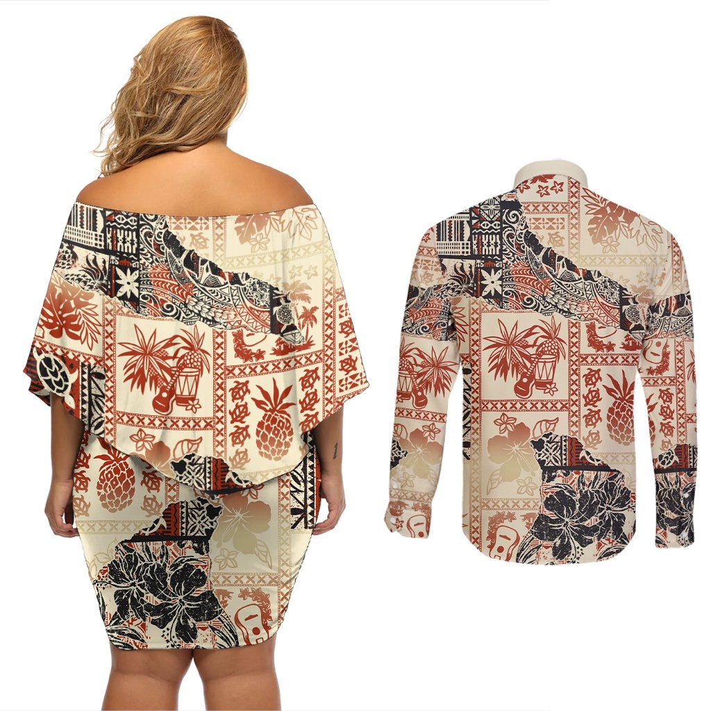 Hawaii Couples Matching Off Shoulder Short Dress and Long Sleeve Button Shirt Aloha Tribal Pattern Beige Version LT9 - Polynesian Pride