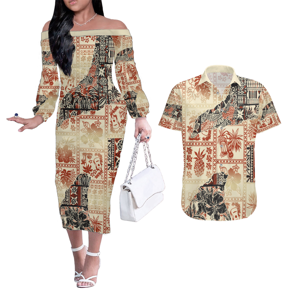 Hawaii Couples Matching Off The Shoulder Long Sleeve Dress and Hawaiian Shirt Aloha Tribal Pattern Beige Version LT9 Beige - Polynesian Pride