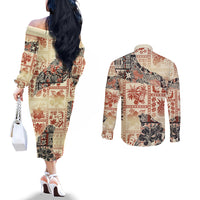 Hawaii Couples Matching Off The Shoulder Long Sleeve Dress and Long Sleeve Button Shirt Aloha Tribal Pattern Beige Version LT9 - Polynesian Pride