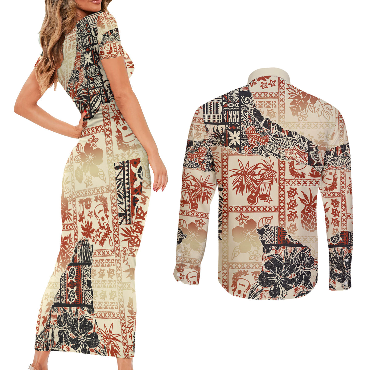 Hawaii Couples Matching Short Sleeve Bodycon Dress and Long Sleeve Button Shirt Aloha Tribal Pattern Beige Version LT9 - Polynesian Pride