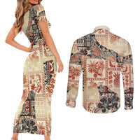 Hawaii Couples Matching Short Sleeve Bodycon Dress and Long Sleeve Button Shirt Aloha Tribal Pattern Beige Version LT9 - Polynesian Pride