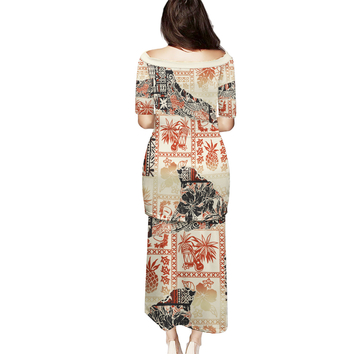 Hawaii Family Matching Puletasi Dress and Hawaiian Shirt Aloha Tribal Pattern Beige Version LT9 - Polynesian Pride