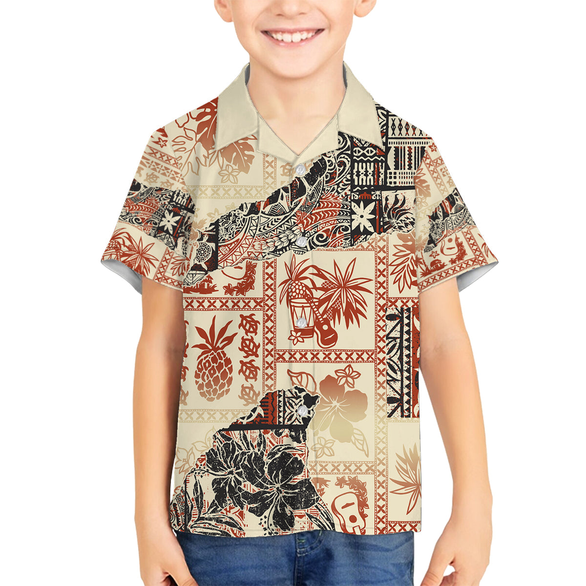 Hawaii Family Matching Tank Maxi Dress and Hawaiian Shirt Aloha Tribal Pattern Beige Version LT9 Son's Shirt Beige - Polynesian Pride