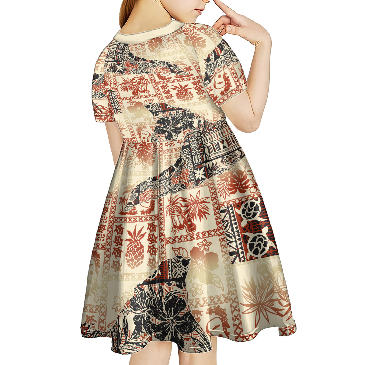 Hawaii Kid Short Sleeve Dress Aloha Tribal Pattern Beige Version LT9 - Polynesian Pride