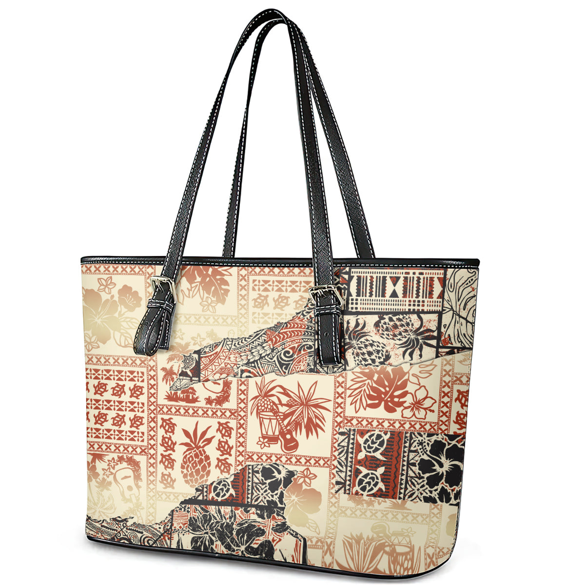 Hawaii Leather Tote Bag Aloha Tribal Pattern Beige Version LT9 - Polynesian Pride