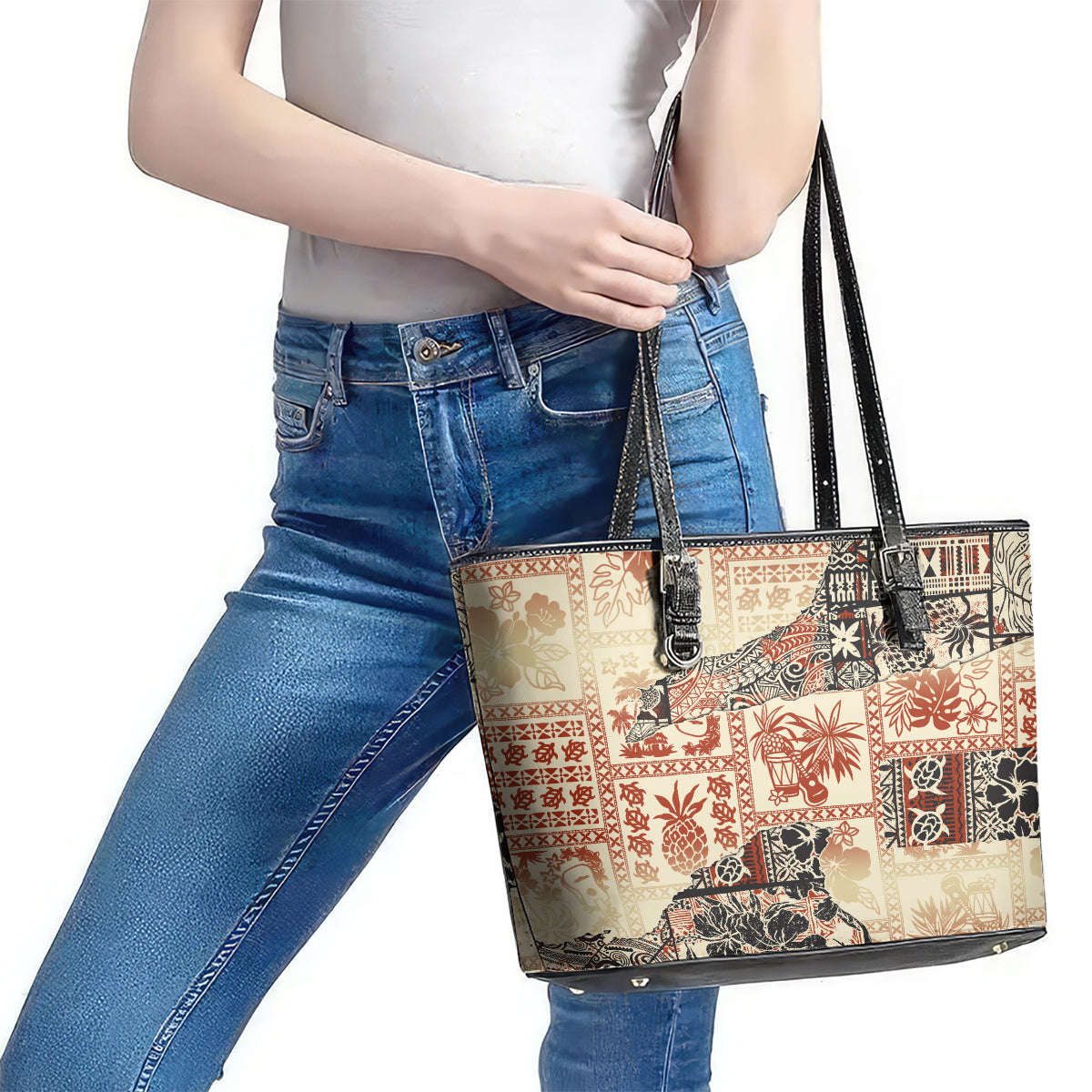 Hawaii Leather Tote Bag Aloha Tribal Pattern Beige Version LT9 - Polynesian Pride