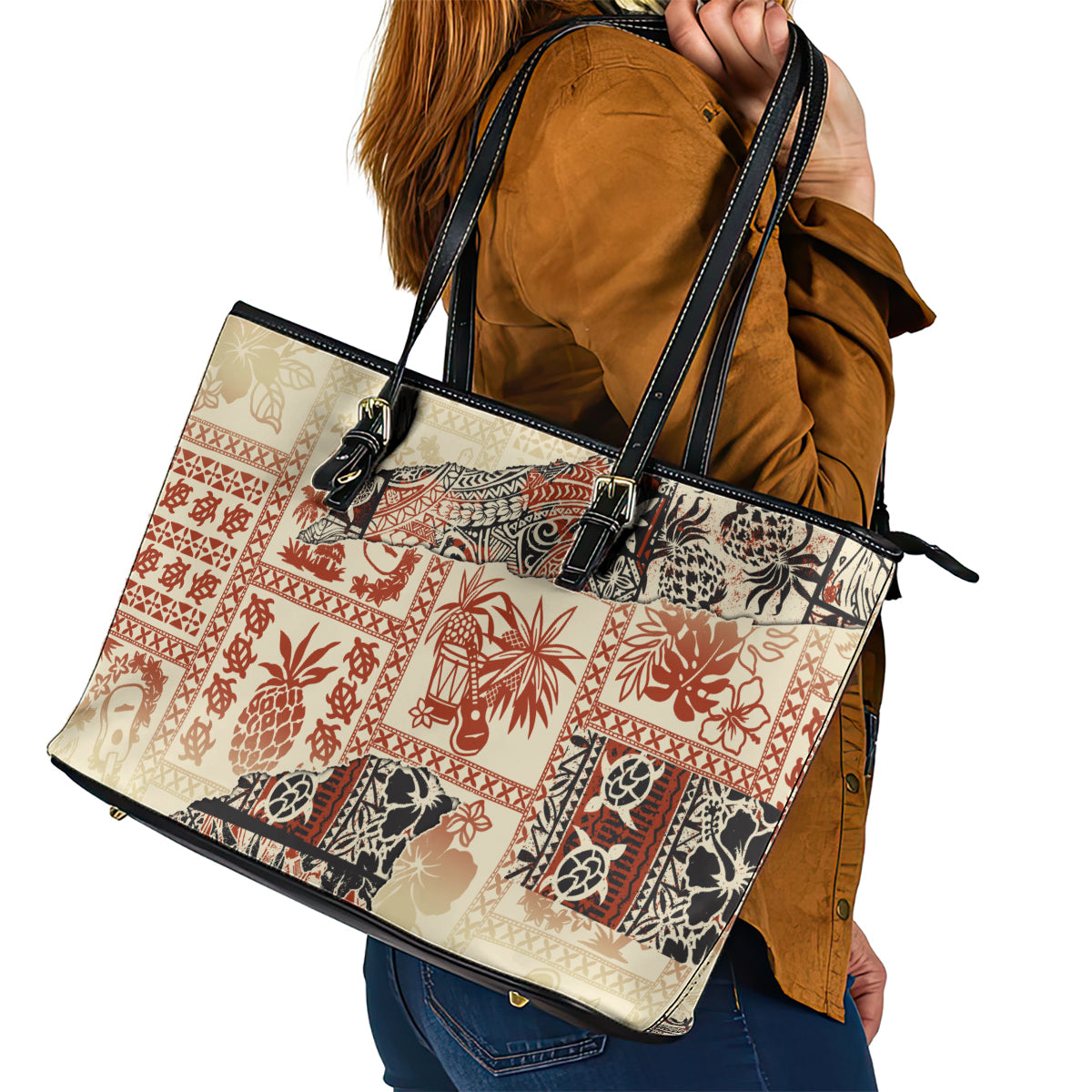 Hawaii Leather Tote Bag Aloha Tribal Pattern Beige Version LT9 - Polynesian Pride