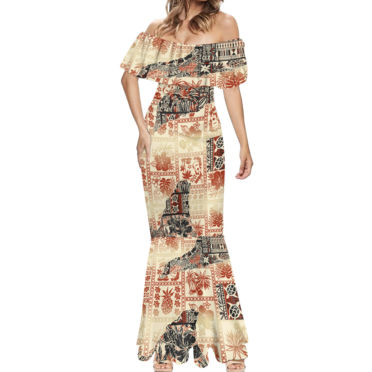 Hawaii Mermaid Dress Aloha Tribal Pattern Beige Version LT9 - Polynesian Pride