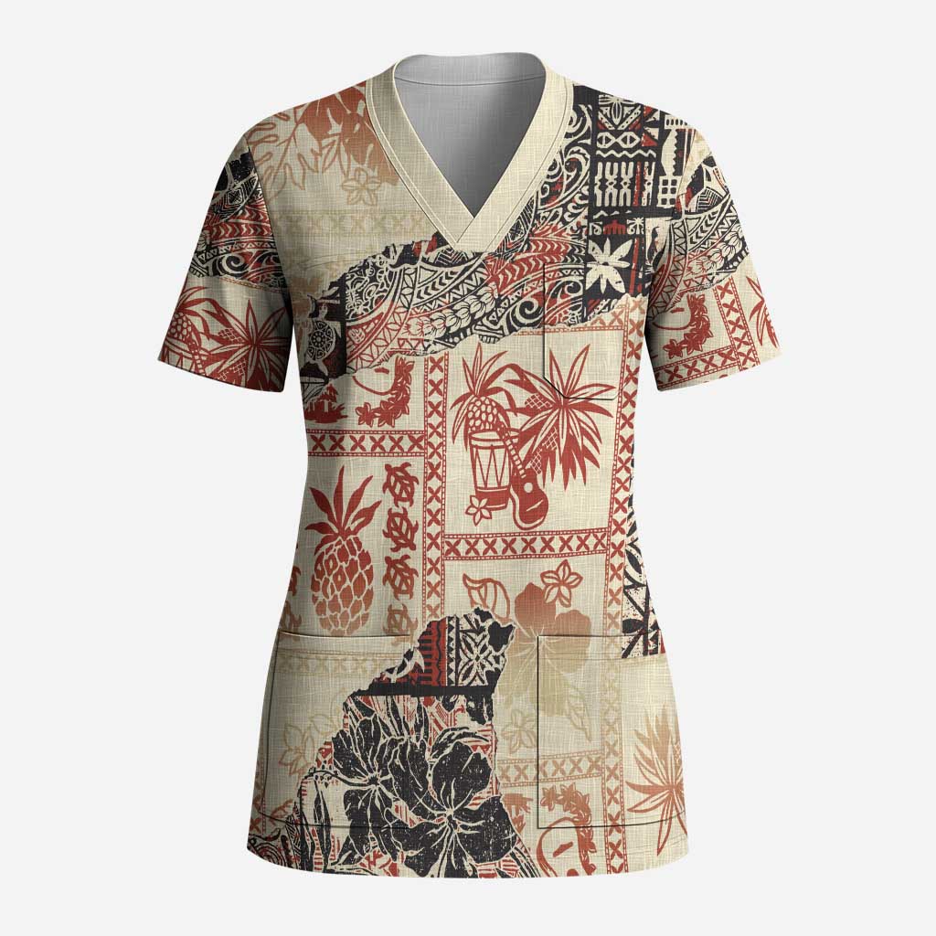 Hawaii Beige Version Scrub Top Aloha Tribal Pattern LT9 Adult Beige - Polynesian Pride