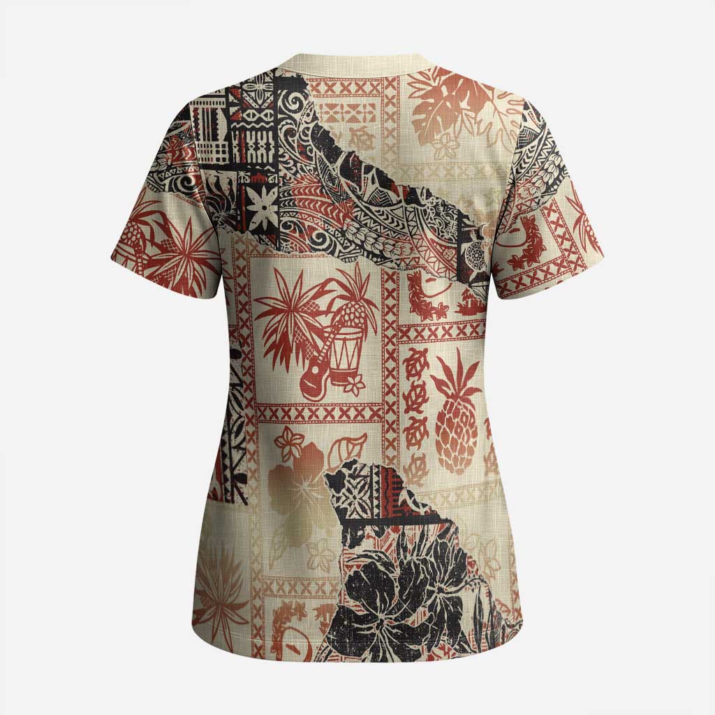 Hawaii Beige Version Scrub Top Aloha Tribal Pattern LT9 - Polynesian Pride