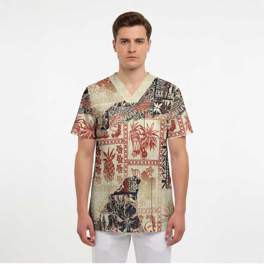 Hawaii Beige Version Scrub Top Aloha Tribal Pattern LT9 - Polynesian Pride