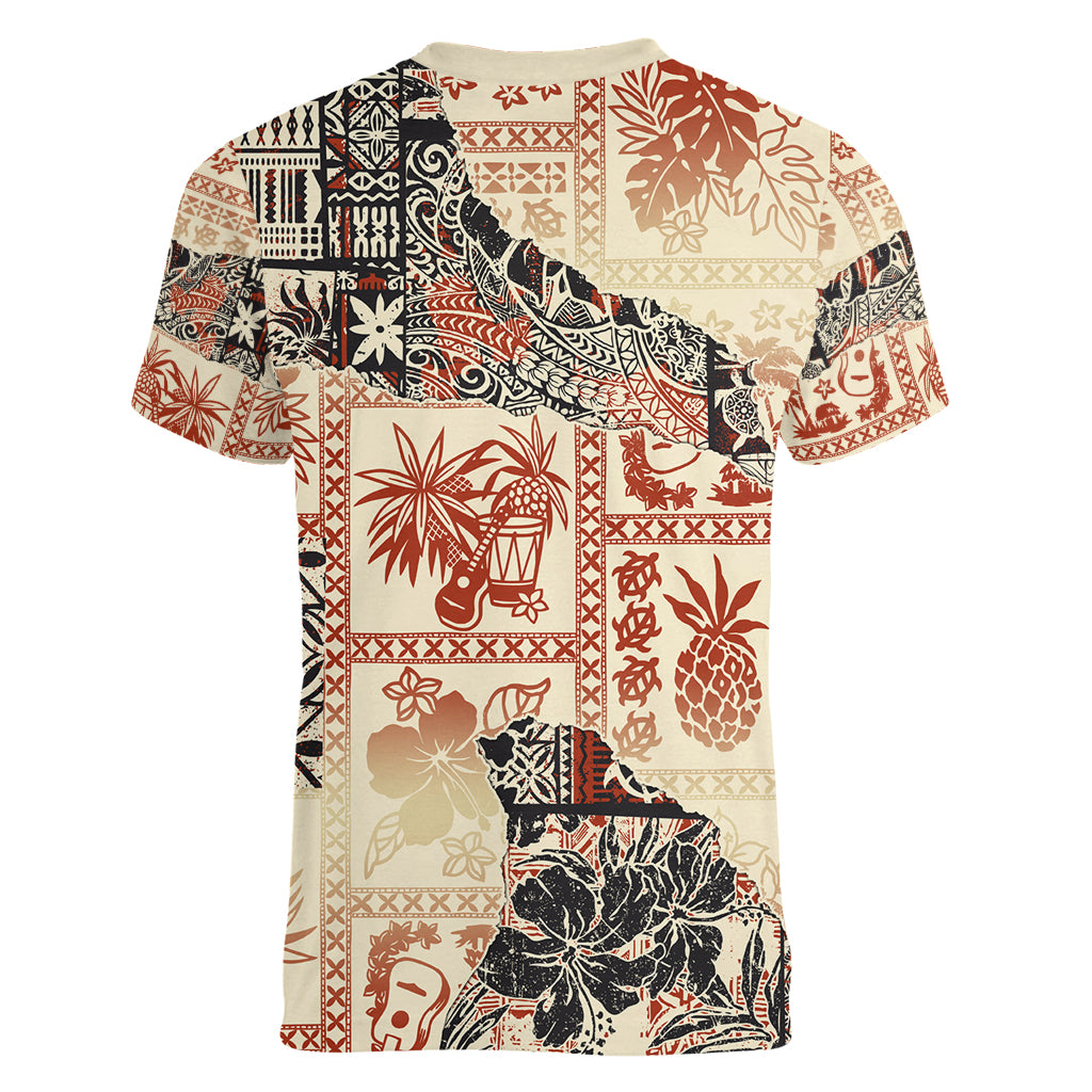 Hawaii Women V Neck T Shirt Aloha Tribal Pattern Beige Version LT9 - Polynesian Pride