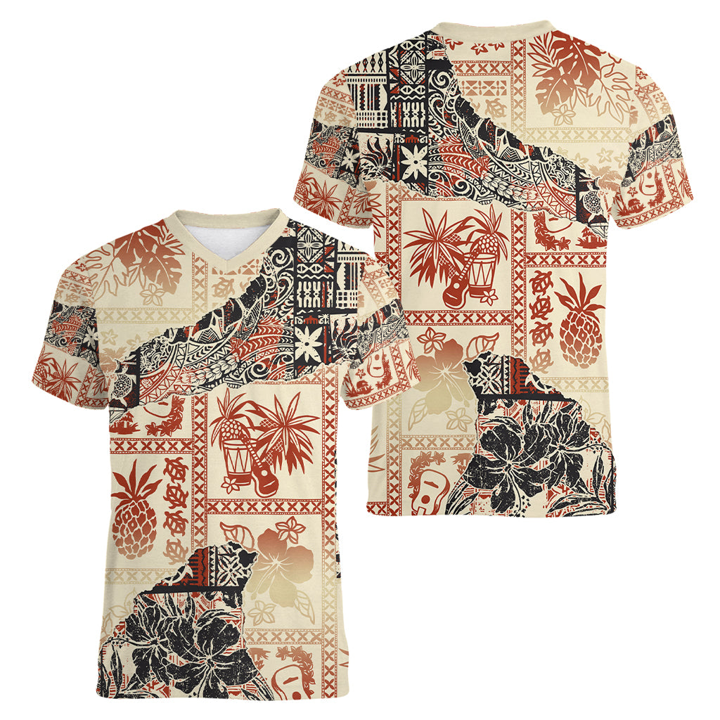 Hawaii Women V Neck T Shirt Aloha Tribal Pattern Beige Version LT9 - Polynesian Pride