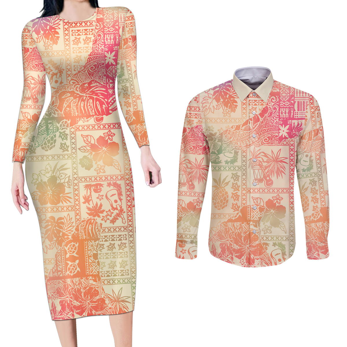 Hawaii Couples Matching Long Sleeve Bodycon Dress and Long Sleeve Button Shirt Aloha Tribal Pattern Sweat Pink Ombre LT9 Pink - Polynesian Pride