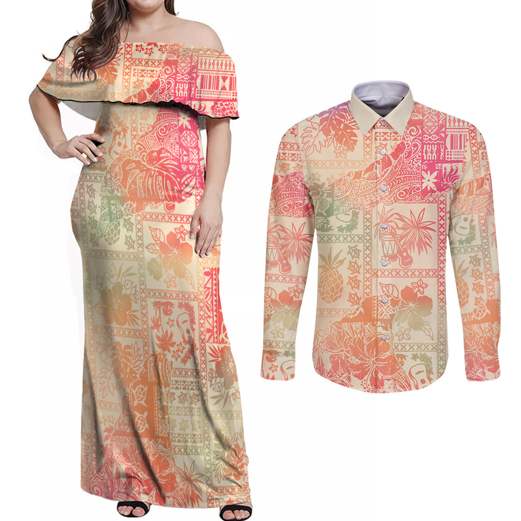 Hawaii Couples Matching Off Shoulder Maxi Dress and Long Sleeve Button Shirt Aloha Tribal Pattern Sweat Pink Ombre LT9 Pink - Polynesian Pride