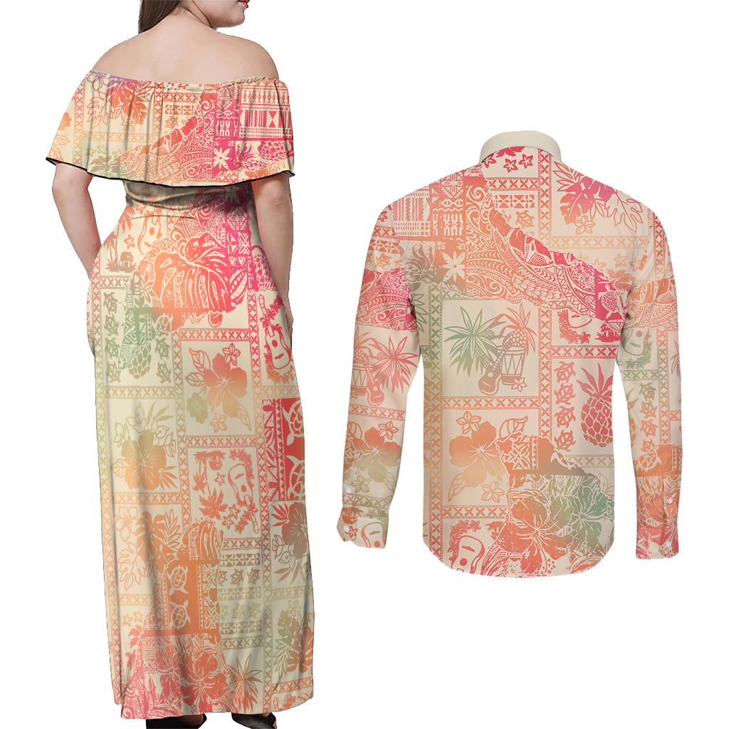 Hawaii Couples Matching Off Shoulder Maxi Dress and Long Sleeve Button Shirt Aloha Tribal Pattern Sweat Pink Ombre LT9 - Polynesian Pride