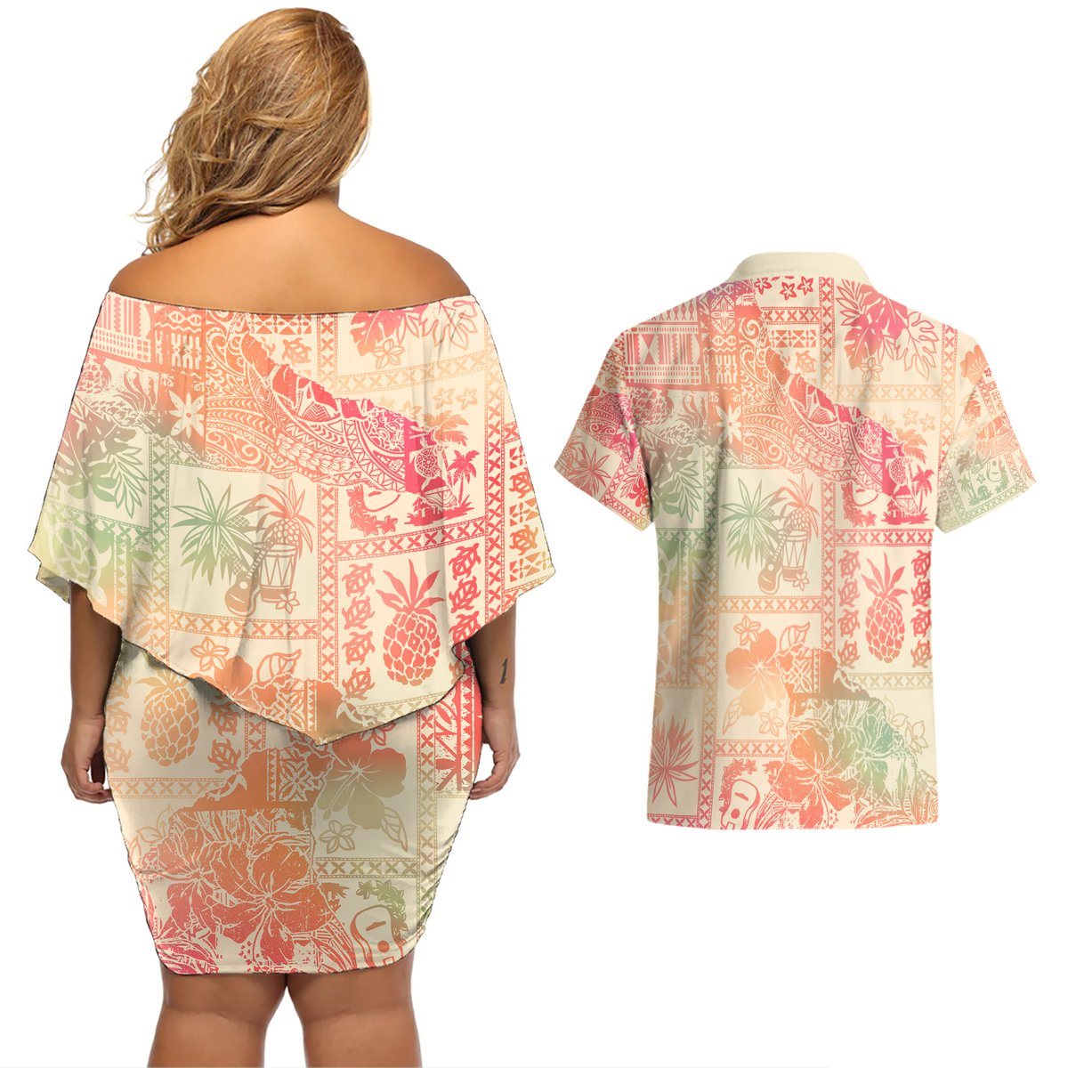Hawaii Couples Matching Off Shoulder Short Dress and Hawaiian Shirt Aloha Tribal Pattern Sweat Pink Ombre LT9 - Polynesian Pride