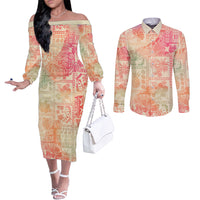 Hawaii Couples Matching Off The Shoulder Long Sleeve Dress and Long Sleeve Button Shirt Aloha Tribal Pattern Sweat Pink Ombre LT9 Pink - Polynesian Pride