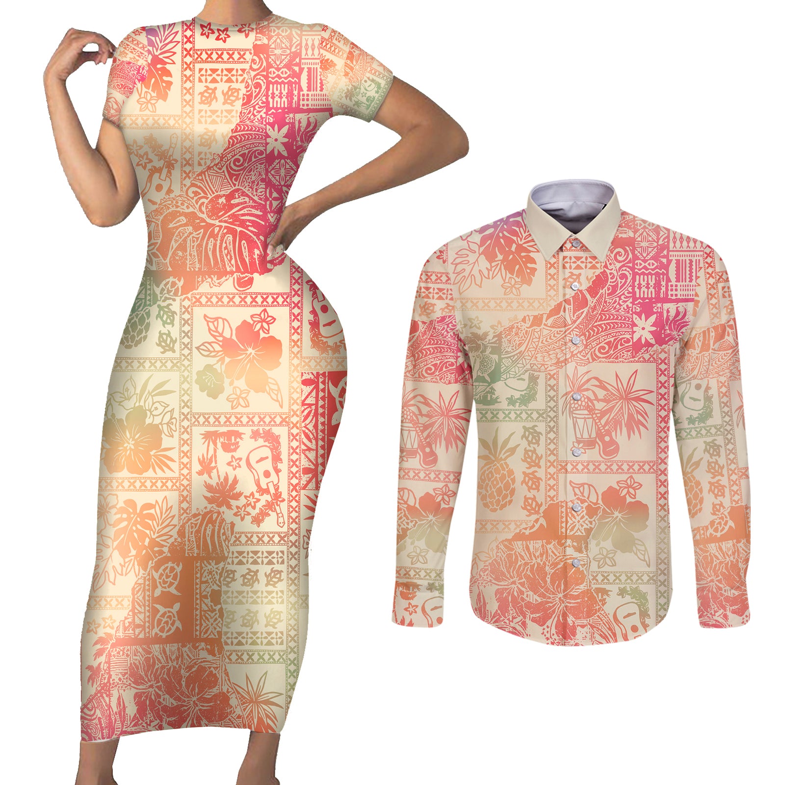 Hawaii Couples Matching Short Sleeve Bodycon Dress and Long Sleeve Button Shirt Aloha Tribal Pattern Sweat Pink Ombre LT9 Pink - Polynesian Pride